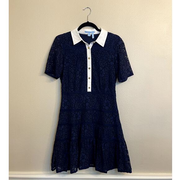 Draper James Meadow Lace Dress Navy Lace Collared Fit Flare Knee Length Size 6 - Picture 4 of 13